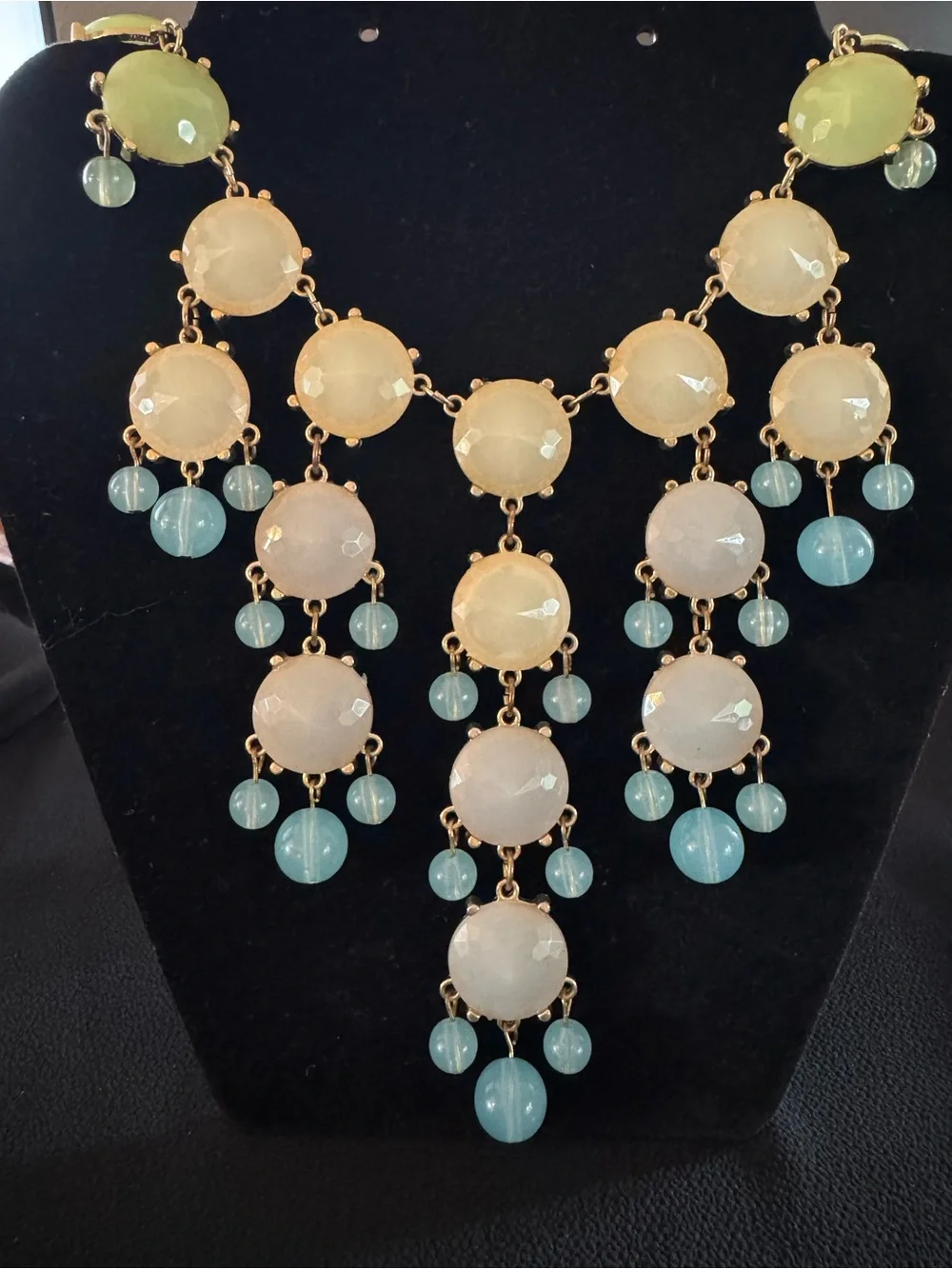 Vintage Gold Tone Opalescent Bib Statement Necklace - Celadon Blue Chandelier